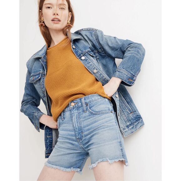 Madewell The Perfect Jean Shorts High Rise Step Hem  Blue Solid Wash Size 26 - Picture 1 of 8